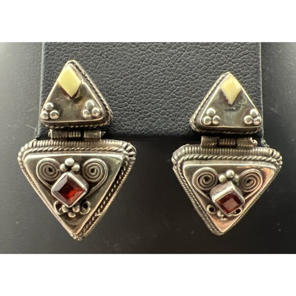Artisan Jewelry - Vintage Sterling Silver and Garnet Geometric Southwestern Tribal Earrings